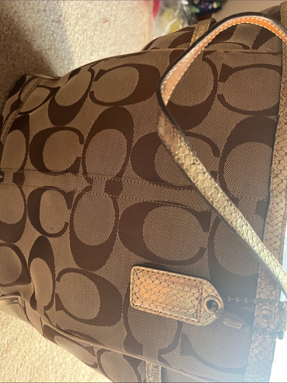 Coach Brown Signature Canvas Shoulder Bag with Tan Trim